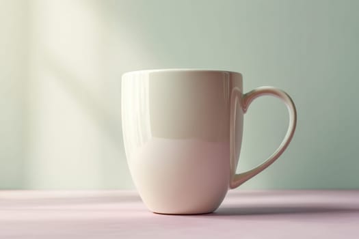 Glossy ceramic mug on a pink surface with soft shadows and natural light. Perfect for branding presentations, product design, and cozy morning lifestyle content