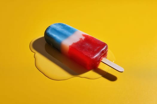 A melting tricolor popsicle with red, white, and blue layers resting on a vivid yellow background. Perfect for summer campaigns, food-themed visuals, and creative seasonal designs