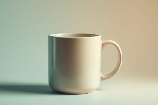 Minimalistic cream ceramic mug placed on a smooth pastel gradient background. Suitable for branding projects, product presentations, drink advertisements, and elegant minimalist compositions