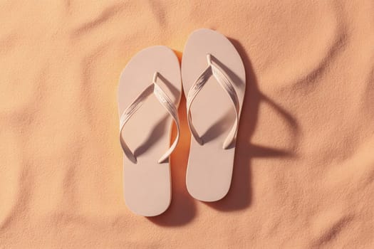 A pair of minimalist light pink flip flops rest on soft peach sand in warm sunlight. Ideal for summer-themed visuals, travel campaigns, or stylish beachwear promotions