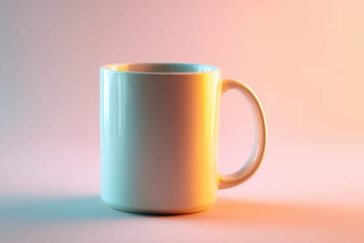 Glossy ceramic mug in blue and orange studio lighting. Great for branding mockups, creative design presentations, and modern product visualizations in commercial or editorial use