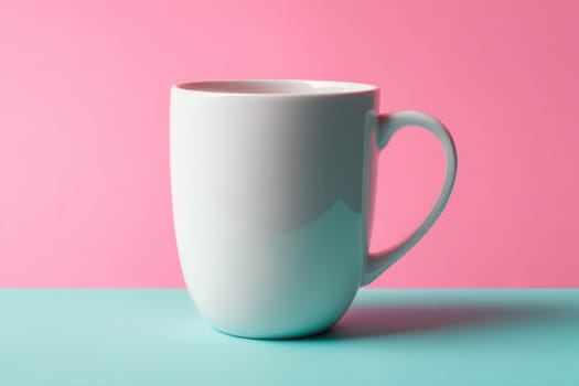Glossy white ceramic mug on a pastel pink and turquoise background in a clean minimalistic setup. Ideal for branding mockups, product showcases, advertising, and packaging design