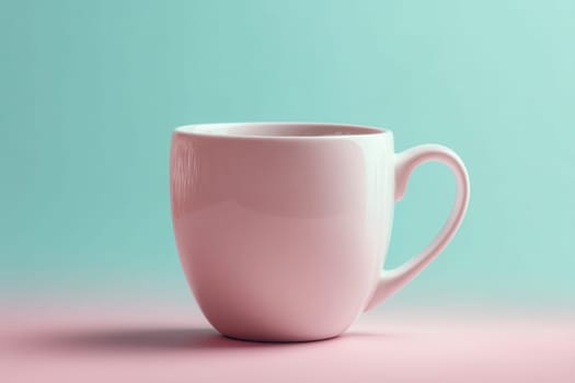 Glossy pink ceramic mug in a minimal composition on a pastel turquoise and pink background. Ideal for branding mockups, cafe ads, product presentations, and editorial design