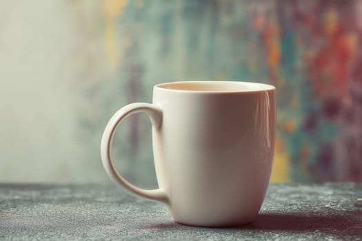 Minimal white ceramic mug placed on a textured tabletop with a soft colorful artistic background. Great for branding, coffee shop visuals, editorial design, and creative advertising