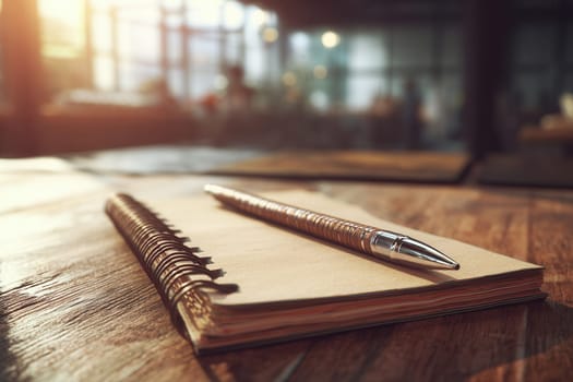 Spiral notepad with a luxury pen placed on a rustic wooden table in a sunlit modern cafe interior. Perfect for concepts like creativity, journaling, remote work, and cozy productivity