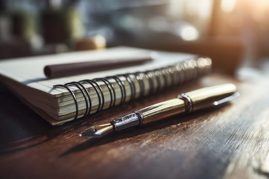 Close-up of a luxury fountain pen next to a spiral notebook on a rustic wooden desk bathed in warm natural light. Perfect for scenes of journaling, studying, writing, or thoughtful moments
