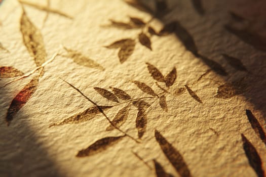 Pressed leaves imprinted on handmade textured paper under warm evening sunlight, creating organic patterns and shadows. Ideal for eco-friendly branding, stationery, and artistic backgrounds