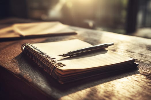 A fountain pen lies on a spiral notebook on a rustic wooden table, bathed in warm golden hour sunlight. Great for illustrating study, journaling, creativity, and thoughtful writing moments