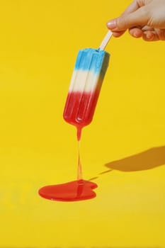 Hand holding a melting red white and blue popsicle dripping onto a bold yellow surface. Ideal for summer-themed ads, food packaging, or playful seasonal designs