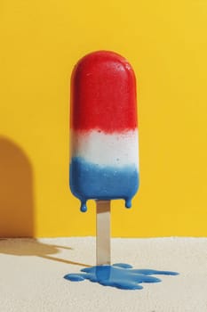 A vibrant tricolor popsicle slowly melting against a bold yellow backdrop. Great for summer-themed designs, refreshing dessert promotions, or playful advertising visuals