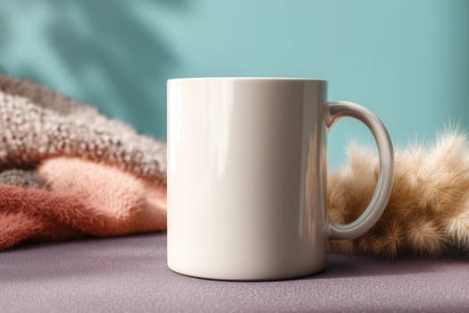 Ceramic mug placed on a soft-textured surface with cozy materials and pastel background. Perfect for warm lifestyle visuals, product mockups, or modern home-themed branding