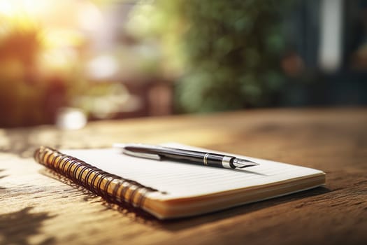 Fountain pen on a spiral notebook placed on a rustic wooden desk, illuminated by soft morning light. Ideal for journaling, productivity, education, writing blogs, and creative workspace concepts