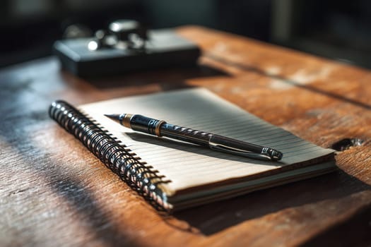 A lined spiral notebook with a stylish black pen resting on a rustic wooden table in soft morning sunlight. Perfect for journaling, productivity, education, writing, or creative workspace visuals