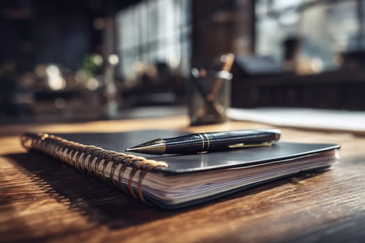 Black spiral notebook with a luxury pen resting on a wooden desk in a cozy, softly lit office space. Perfect for business visuals, organization, planning, and professional lifestyle projects