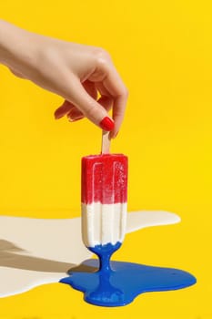 A vibrant red white and blue popsicle melting onto a yellow surface as a hand with red nails holds the stick. Great for summer themes, dessert ads, and hot weather visuals