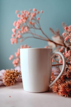 Minimal white ceramic mug with dried flowers and soft pastel tones in the background. Perfect for product branding, cozy lifestyle scenes, beverage visuals, or elegant kitchen mockups