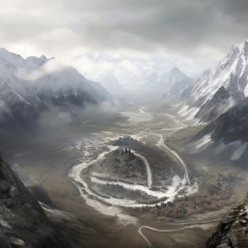 Mountain landscape with snow covered peaks and valleys (ID: 001461)
