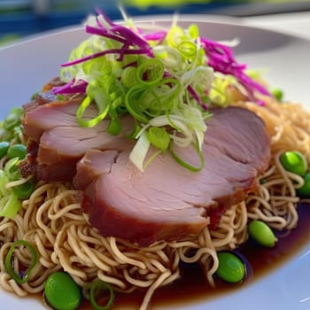 Noodles with meat, soy saucem and vegetables on white plate (ID: 001518)