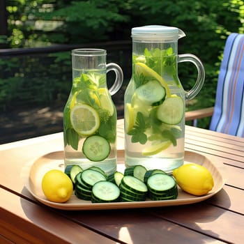 Detox water with cucumber, lemon, and mint in a glass jug on a wooden table (ID: 001549)