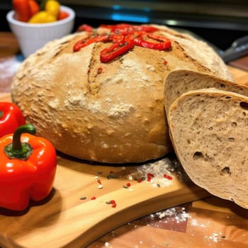 Freshly baked bread with red pepper on a wooden cutting board (ID: 001561)