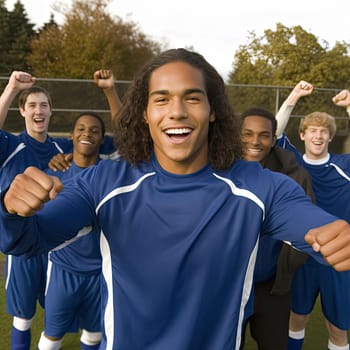 Portrait of a happy young African American soccer player with his team in the background (ID: 001574)
