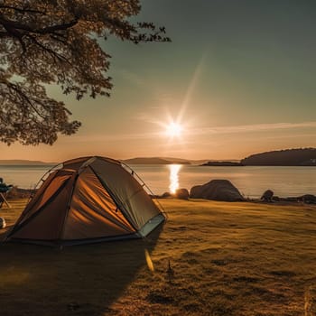 Camping tent on a lake shore at sunset - camping in nature (ID: 001557)