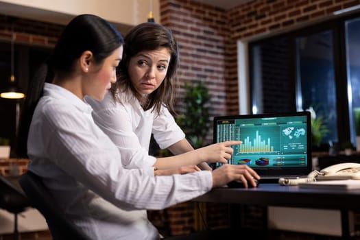 Diverse women collaborate and discuss strategy ideas in a late night office meeting, using financial graphs on laptop. The scene portrays a professional and focused atmosphere with dim lighting.