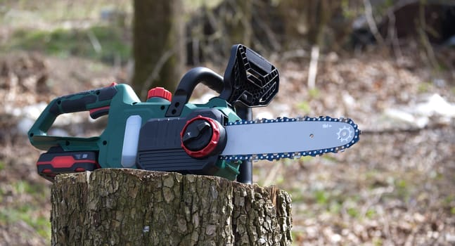 A close-up shot of a cordless chainsaw resting on a tree stump, captured outdoors on a sunny day.