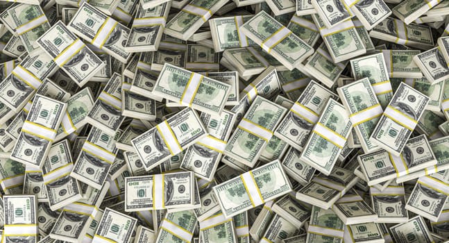 Huge pile of one hundred dollar bills stacked up 3d background