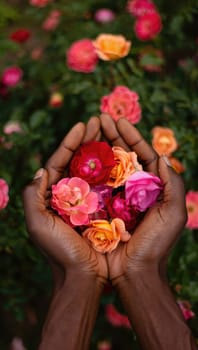 Two hands cradle an assortment of colorful roses, including red, pink, and orange blooms, set against a lush backdrop of greenery and varied flowers in full bloom.