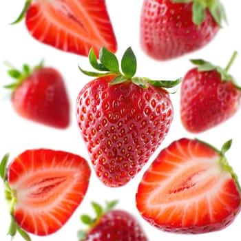 Bright red strawberries are arranged in an artistic layout, showcasing whole fruits alongside sliced halves. The contrasting textures highlight freshness, perfect for summer recipes or healthy snacks.