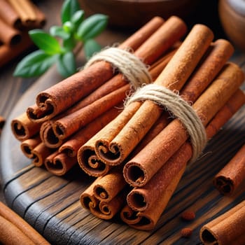 A collection of cinnamon sticks tied with twine is displayed on a rustic wooden surface. Green leaves add a touch of freshness to the warm colors of the spice, creating a cozy kitchen atmosphere.