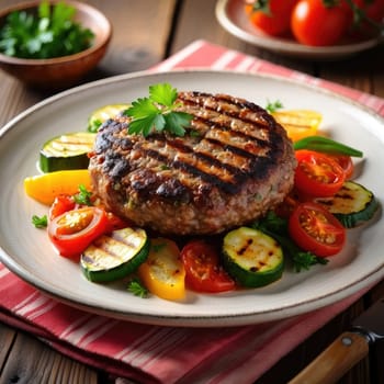 A juicy grilled burger is plated alongside colorful grilled vegetables, including sliced zucchini, bell peppers, and cherry tomatoes.