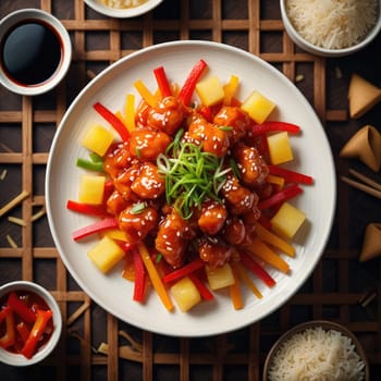 Tender chicken pieces glazed in a sweet sauce rest atop a vibrant bed of sliced bell peppers and pineapple, accompanied by rice. The dish is arranged artistically on a woven tray.