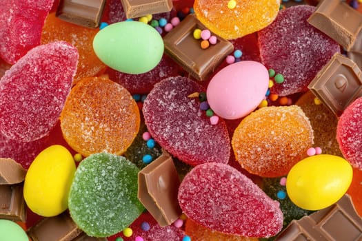 A vibrant collection of assorted candies including gummy sweets, chocolate pieces, and colorful chocolate covered eggs. This delightful mix is perfect for festive occasions and celebrations.