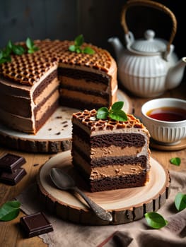 Layers of rich chocolate cake are beautifully displayed alongside a cup of tea. A slice showcases creamy filling and intricate decor, creating a cozy dessert setting with natural elements.