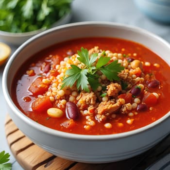 A vibrant bowl of soup brimming with colorful vegetables and assorted beans garnished with fresh herbs sits on a wooden tray. The inviting kitchen setting is warm and welcoming.