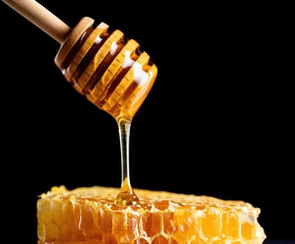 A wooden dipper drips golden honey over a fresh honeycomb piece. The dark background highlights the rich color and texture of the honey, creating a visually appealing contrast.