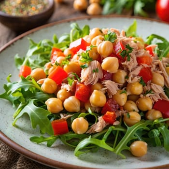 A colorful arugula salad is presented on a decorative plate. This dish features chickpeas, red bell peppers, and tuna mixed with fresh herbs. Perfect for a healthy meal.