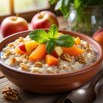 A wholesome bowl of oatmeal is garnished with chopped apples, peaches, and walnuts, set in a warm kitchen with sunlight filtering through the window. Fresh apples are visible nearby.