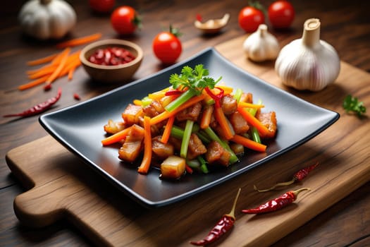 A vibrant dish features diced vegetables stir fried with garlic and served on a sleek black plate. The presentation is enhanced by fresh tomatoes and red chili peppers.