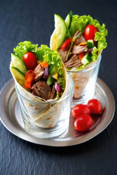 Savory wraps filled with tender meat and a medley of fresh vegetables are presented in clear glasses, highlighting vibrant colors. They are served on a silver platter with cherry tomatoes.
