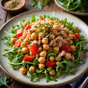 A colorful salad featuring chickpeas, tuna, red bell peppers, and arugula, garnished with herbs and served on a rustic plate. This dish highlights fresh ingredients and vibrant colors.