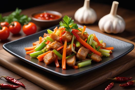 A colorful stir fry is displayed on a black plate, featuring tender chicken, crisp vegetables, and garnished with fresh herbs.