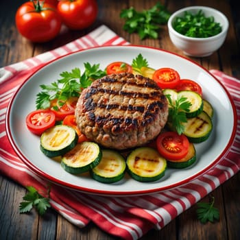A well cooked burger is presented on a plate, accompanied by grilled zucchini and fresh tomatoes. The setup includes a rustic table and garnishes of parsley, creating an inviting atmosphere.