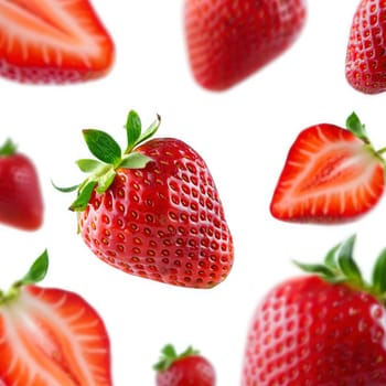 Bright red strawberries are scattered against a white background, showcasing their natural texture and freshness.