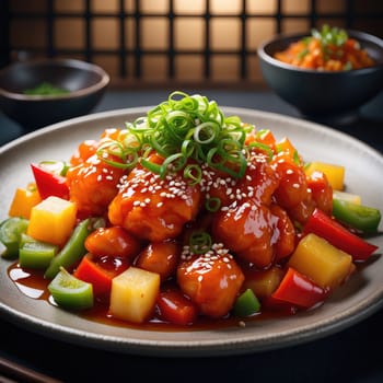 A vibrant dish featuring crispy bites in a sweet sauce, topped with green onions and sesame seeds. Fresh bell peppers and pineapples add color, served in a cozy, traditional setting.