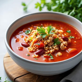 A delicious bowl of hearty soup filled with grains, beans, and vegetables garnished with fresh herbs sits on a wooden board. The vibrant red broth invites warmth and comfort.