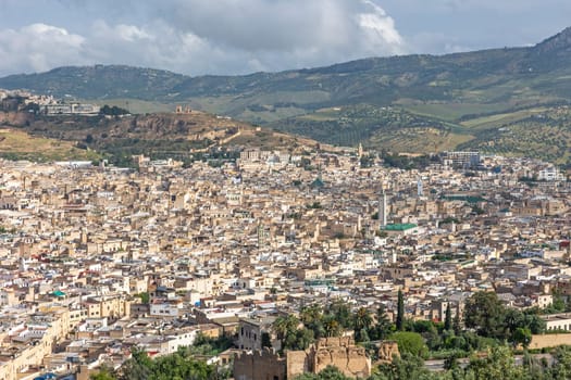 High angle view of Fes el Bali, the old town in Fez, Morocco. Horizontally. 