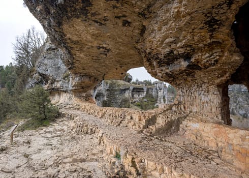 A stunning natural rocky archway with rugged terrain and lush trees highlights the beauty of geological formations.
